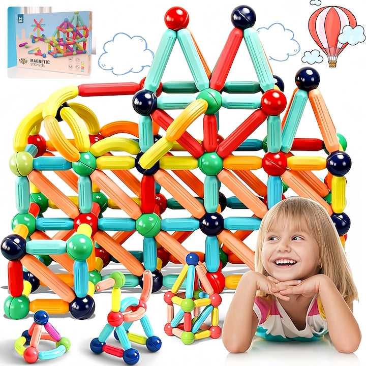 Set jucarii magnetice pentru constructie magnetic Sticks 3D Wacorresi Set de Constructii pentru copii magnetic Sticks cu 84 blocuri magnetice 4ani+ Numeroase Posibilitati de Construit STEM Educativ si Creativ Magneti Puternici multicolor