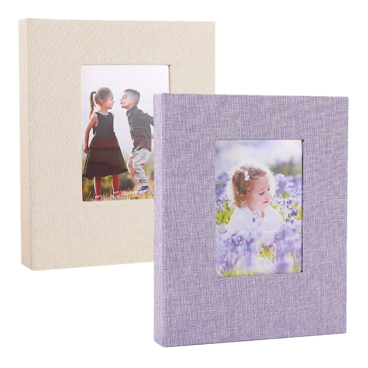 Set of 2 Photo Albums, Fantasy, 12*16.5*3cm. Each side holds 1 photo. Capacity: 144 6-inch photos. Linen cover with window. Slip-in type. PP inner pages. Perfect Gift for Memories. Violet and beige.