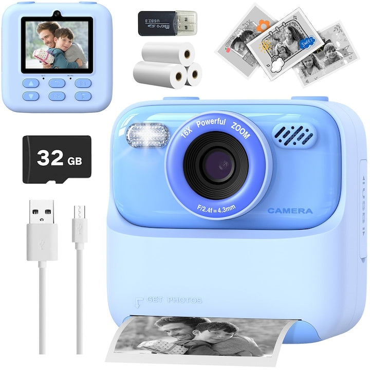 Kids Instant Print Camera WALALLA 1080P Dual Lens 2.4" Screen 32GB Gift for Girls and Boys 3-12 Years Old Blue