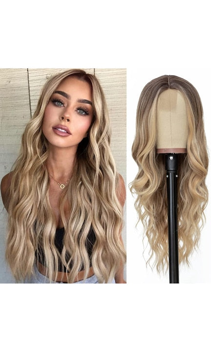JENUOS - Wavy wig for women 65 cm Suitable for a head circumference of approximately 54 cm, with an elastic adjustment system, Blonde