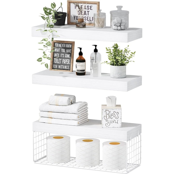 Raft suspendat Wacorresi Set rafturi de perete suspendate 3 piese 100% lemn masiv de pin Montate pe Perete Poate fi folosit in baie bucatarie sau living Design Modern 40X15X1.5cm Alb