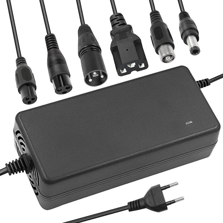 42V 2A Electric Bicycle Charger, 6 Connection Heads, Black