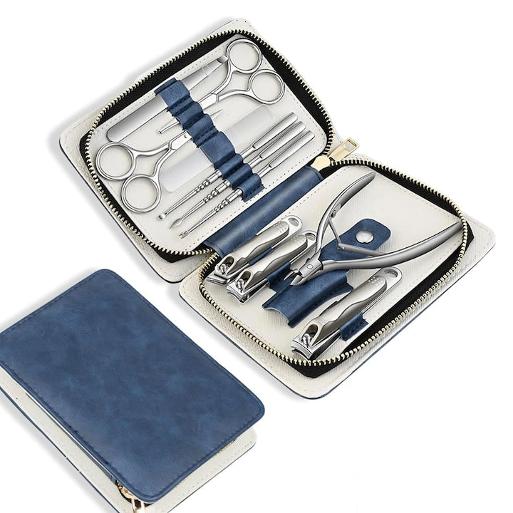 Trusa de manichiura pedichiura 11 piese AFKSMILE Cu cutie de depozitare Accesorii si kit de curatare pentru ingrijirea unghiilor Durabile Portabil Unisex Potrivite pentru taierea unghiilor Inox 15.8x11.5cm Albastru