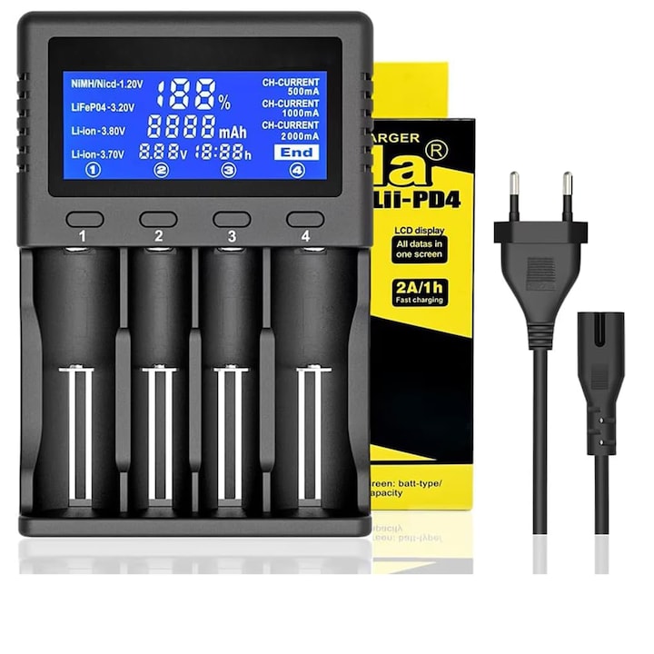 Incarcator pentru Wacorresi Incarcator inteligent 4 sloturi pentru baterii 18650 LCD protectie multi-siguritate 110-240V pentru baterii Li-ion si NiMH