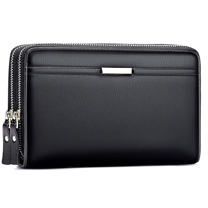 JENUOS - Men's Hand Pouch compatible with smartphones with a maximum diagonal of 6.7" 21x11x4cm, made of leather with zipper closure, Black, 12 interest-free installments
