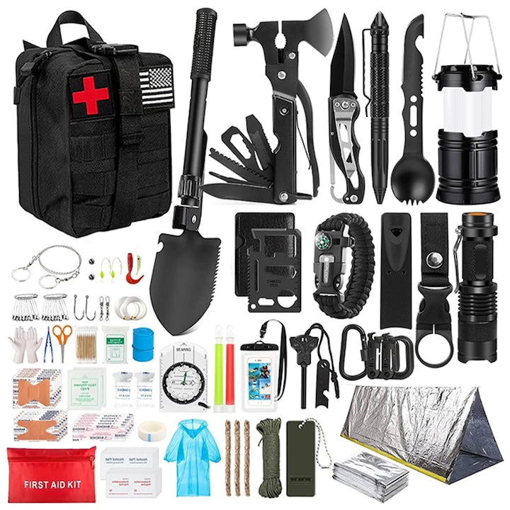250-Piece Survival First Aid Kit, Professional Survival Kit, Earthquake Emergency Kit, Omelivon, For Excursions, Hiking, Camping, Fishing, Outdoors, Hunting, Travel, Black