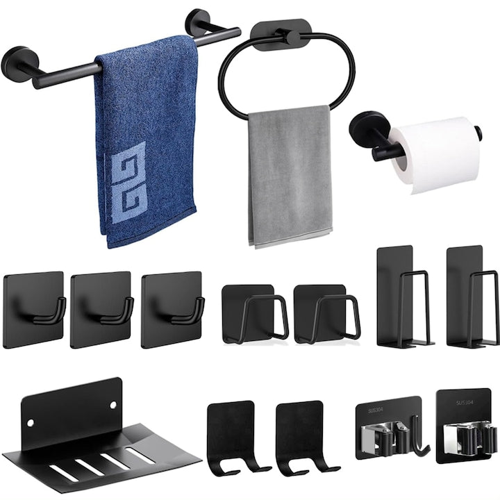 Set Accesorii Baie SANSES 15 Piese Bara pentru Prosoape/Suporturi pentru Halate Inel pentru Prosoape de Mana Suport pentru Role de Toaleta Montare pe Perete din Otel Rezistente la Rugina si Coroziune Negru