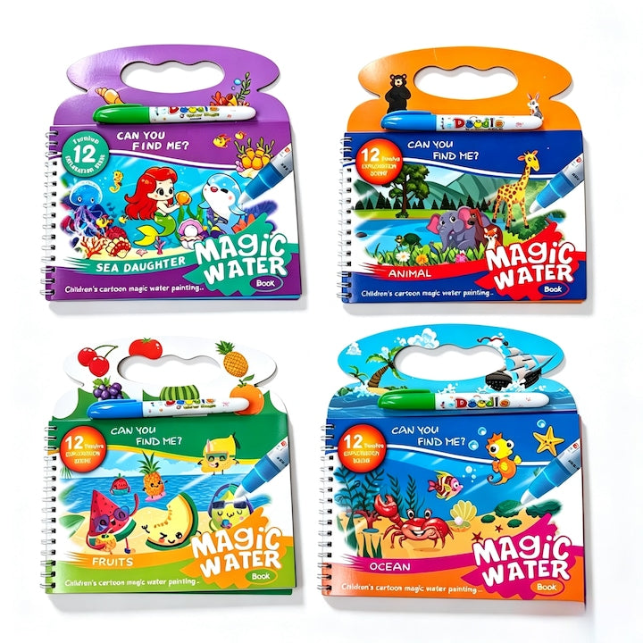 Set 4 Carti de Colorat cu Apa Magic Water Book Reutilizabile Teme Fructe Ocean Animale Sirena Pentru Copii