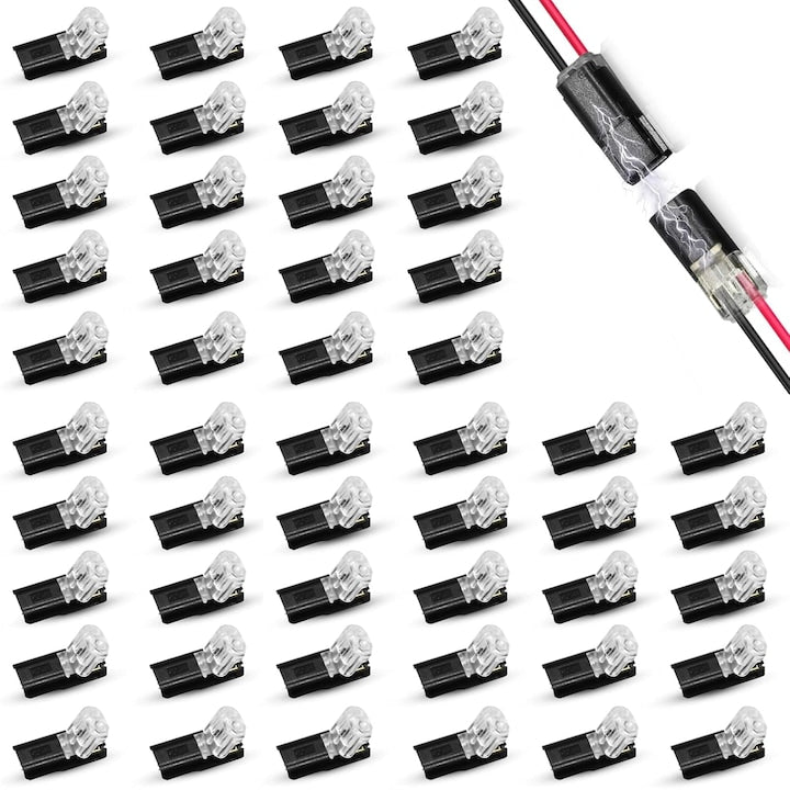 Set 50 Conectori rapizi pentru conductori electrici reutilizabil cu 2 pini 18-22AWG Curent maxim 9 A Pentru vehicule benzi de lumina LED PC difuzoare Negru