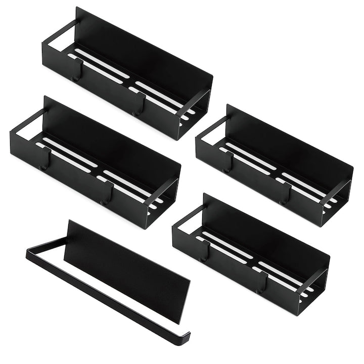 Set de 5 Rafturi Magnetice 4 polite si suport rola prosop rafturi pentru frigider cu 4 carlige pentru Frigider si Masina d Spalat bucatarie cuptor cu microunde Metal Negru 29.5x 9.5x 7.5cm/ 27x 8.5x 7.5cm