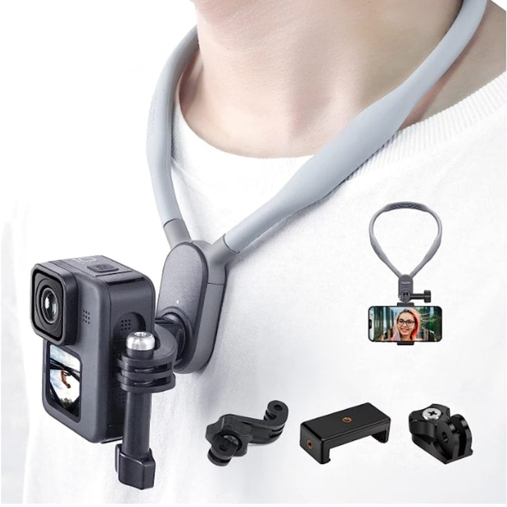 Suport pentru camera montat pe gat ZOUN magnetic suport pentru camera sportiva pentru ciclism compatibil cu telefoane mobile compatibil cu GoPro 12/11/10/9 Insta360 X3 Go3 Ace Pro DJI Action 4 multi-unghi design ergonomic gri