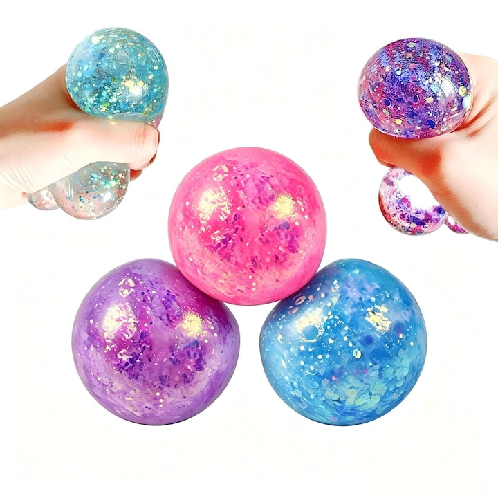 Set 3 Jucarii Antistres Squishy Mingi Aurorale - Albastru Roz si Mov Bile Stralucitoare Glitter Bling Bling Super Moale cu Revenire Lenta Ideal pentru Copii si Adulti