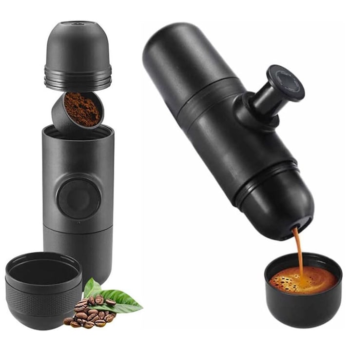 Espressor portabil manual 8 bar 70 ml pentru cafea macinata compact si usor de calatorie OUYLAF Negru