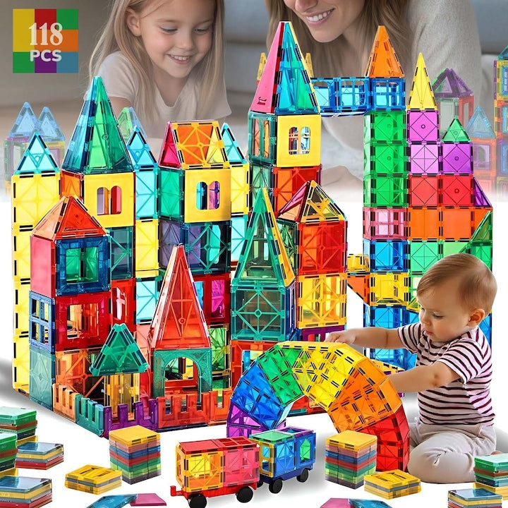 Set de constructie cu placi magnetice Set educativ magnetic Jucarie creativa si educationala STEM Magnetic Tiles Dezvoltarea abilitatilor motrice si a imaginatiei 3 ani + include 118 de piese multicolore