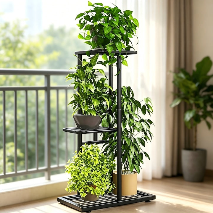 Stand de Flori Wacorresi 4 etajere Suport Pentru Plante Rezistent la Apa si Coroziune Cadru Metalic Robust pentru Interior/ Balcon/ Living / Gradina 41x22x57.5cm Gri Inchis Argintiu