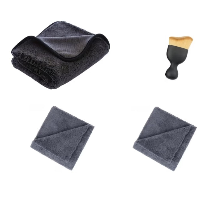 Premium Microfiber Car Drying Towel Twisted Loop 750 GSM 90 X 60 CM + Two Edgeless Microfiber Cloths to Eliminate the Risk of Causing Micro Scratches 350 GSM 40 X 40 CM + One Nanofiber Brush