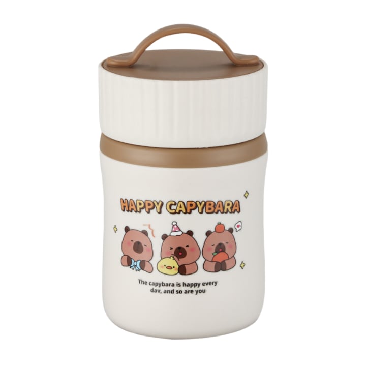 Fantasy Double-Walled Thermal Container, Capybara print, stainless steel, 580 ml, spoon included, insulated food container, portable, easy to clean, corrosion and oxidation resistant, for hot and cold foods, for children and adults