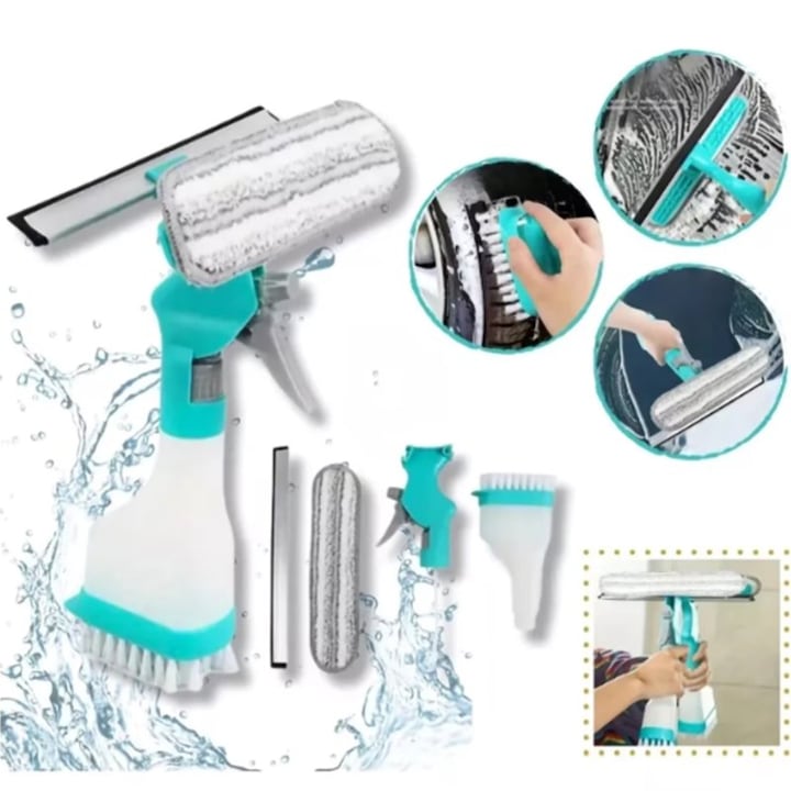 ZOUN 4-in-1 Multifunction Window Cleaner, Scraper, Sprayer, Brush, Detachable Cloth, suitable for cars, mirrors, tiles, windows, 26.5 × 28.5 × 9.5 cm, blue