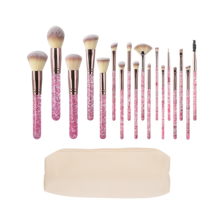 Set 18 Pensule Machiaj Profesionale – Peri Moi Complet pentru Fata cu Husa cu Fermuar Manere Roz Sakura cu Sclipici