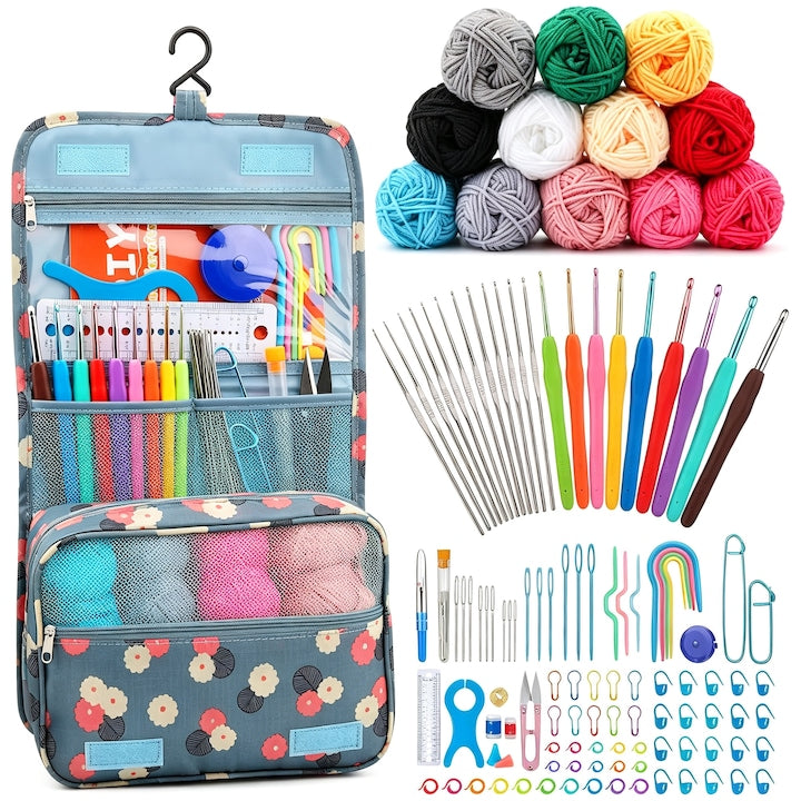 Set crosetat complet Puepoul 130 piese 12 gheme 21 crosete geanta depozitare multicolor incepatori si avansati