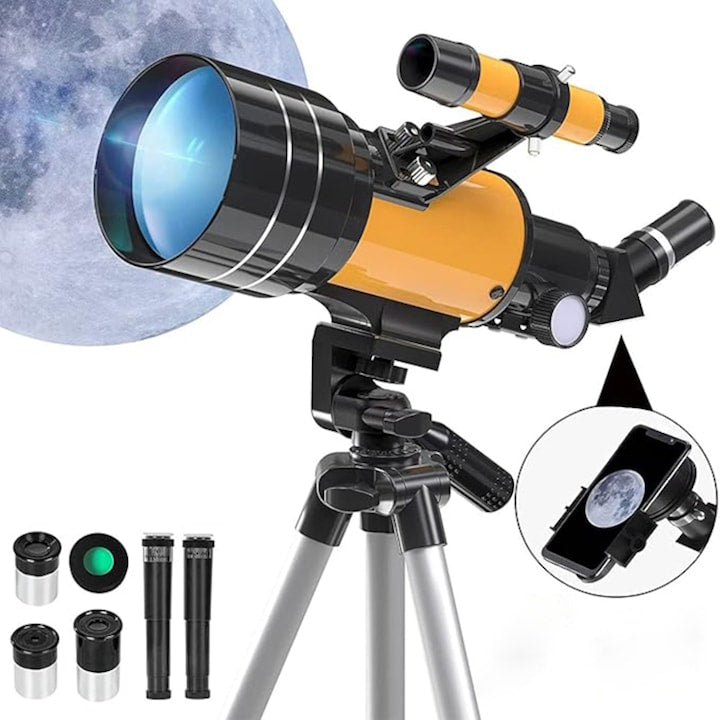 Telescop Astronomic Profesional Copii Adulti SANSES Diametru Obiectiv 70 mm Reglabil Distanta Focala 300 mm cu Trepied din Aluminiu 15-150X Include 3 Oculare Luneta de Gasire Portabil Portocaliu/Negru