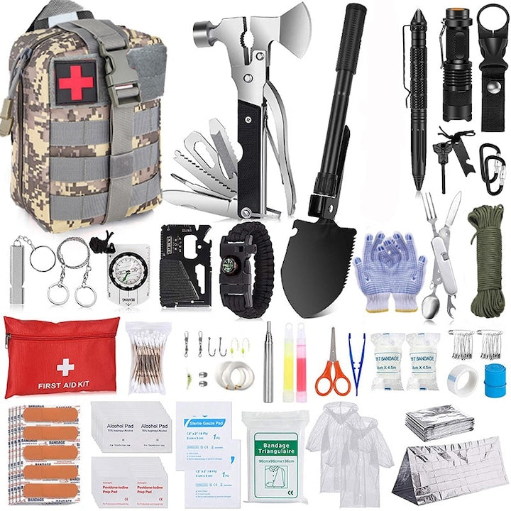Trusa de prim ajutor de supravietuire 325 de bucati kit de supravietuire profesional cu husa tactica MOLLE si cort de urgenta kit de urgenta pentru cutremure aventuri in aer liber camping drumetii vanatoare WALALLA gri deschis