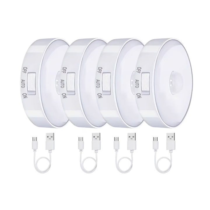 Set de lumini de veghe cu senzor de miscare LED ZOUN pachet de 4 bucati senzor de miscare reglare in 3 culori reincarcabil prin USB reglare in 5 niveluri alb instalare usoara potrivit pentru camere de oaspeti bucatarii bai holuri si scari