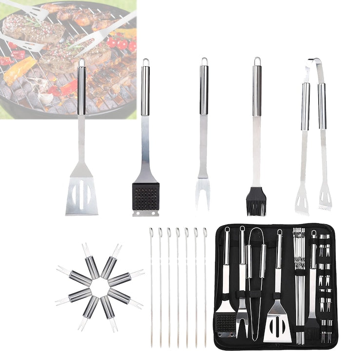 Set 20 accesorii gratar din otel inoxidabil de calitate superioara Cu husa de transport neagra Cadoul potrivit pentru gratar Argintiu