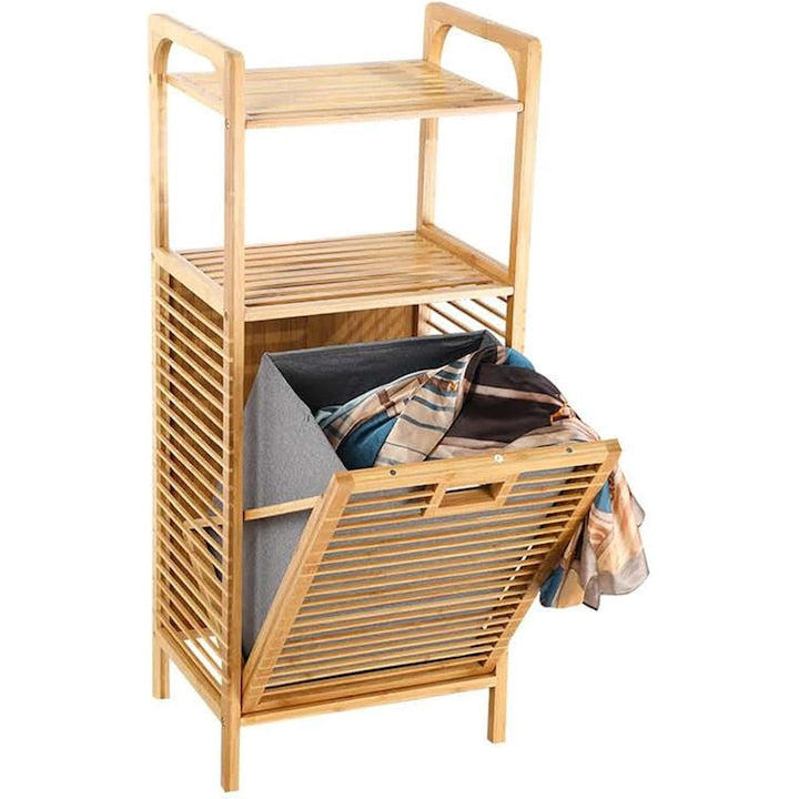 SANSES Bamboo Laundry Basket with 2 Shelves, Detachable Bag, 95 x 40 x 30 cm, Brown