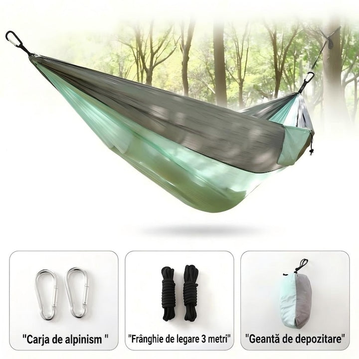 Hamac Material Tip Parasuta Ultra Usor Portabil cm Ideal pentru camping drumetii si activitati in aer liber,Verde Mentol-Gri Kit Camping Outdoor cu Curele Prindere Franghii si Carabine