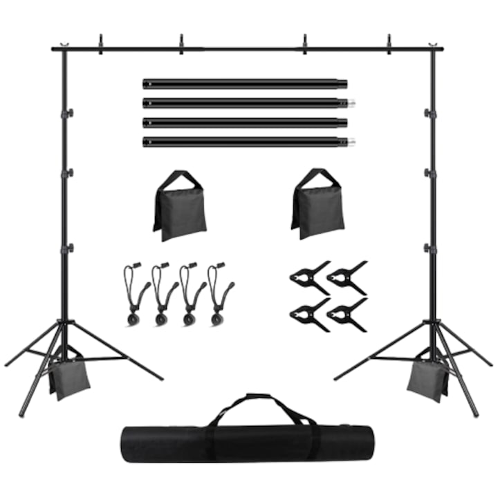 Set Suport Fundal Foto WALALLA Ajustabil 2x3m cu Cleme si Saci de Nisip Negru