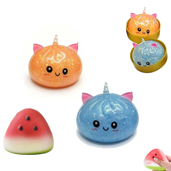 Set 3 Jucarii Antistres Squishy Galuste Dumpling Unicorn 2 Chifle Albastru si Portocaliu cu Sclipici + Felie Pepene cu Cos de Abur Revenire Lenta Senzoriala