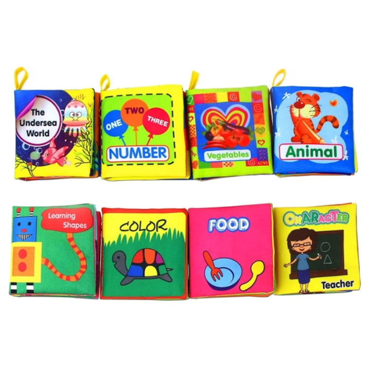 Set 8 carti senzoriale textile pentru bebelusi cu animale animale marine numere fructe forme culori cu fosnaitoare si sunete + 3 luni multicolor