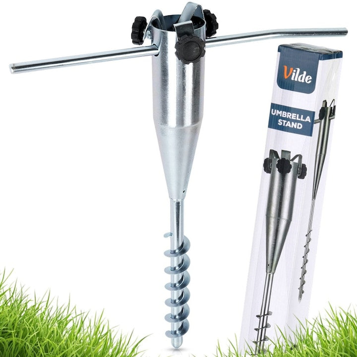 Suport Pentru Umbrela De Gradina Si Plaja Vilde Cu Infiletare 45x9.5x56 cm (Tub 2-6 cm) Argintiu Metal Robust Baza Tip Tarus Cu Manere Laterale Rezistent La Intemperii Fixare Stabila Anti-Vant In Pamant Sau Nisip Montare Rapida
