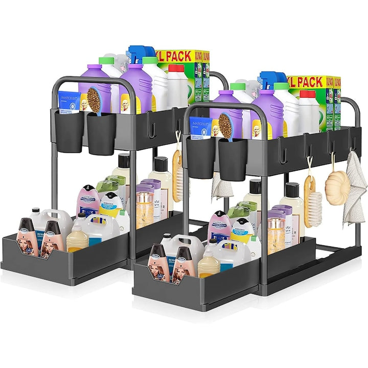 Set 2 Organizatoare cu Sertar Glisant pentru Dulap - 2 Niveluri cu 4 carlige si 2 cupe Ideal pentru Baie Bucatarie sau Camara Design Compact si Rezistent Negru