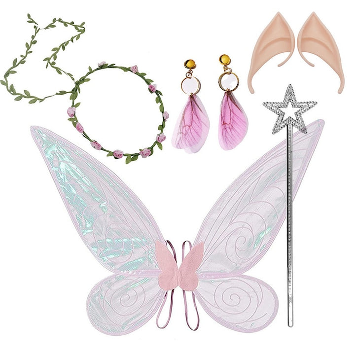 Set costum aripi de inger fluture ZOUN copii/adulti include aripi cercei banda pentru par urechi de elf potrivit pentru petreceri aniversari cosplay carnaval roz