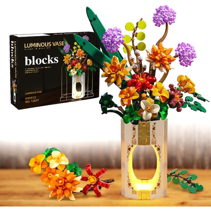 Flower Building Sets with Hollow-Out Vase with Light, Artificial Flowers Building Blocks for Adults Botanical Collection, Ideal Gifts for Teen Girls, Moms, Women, Girlfriends, WALALLA 890 Pcs