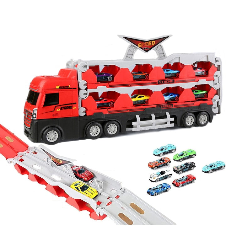Set Camion de Jucarie pentru Transport Masinute de Curse cu 8 Masinute Inclus Catapultare Vehicule Wurdan Prelungire 2.07 m Platforma si Pista de Curse 455*220*110mm Rosu