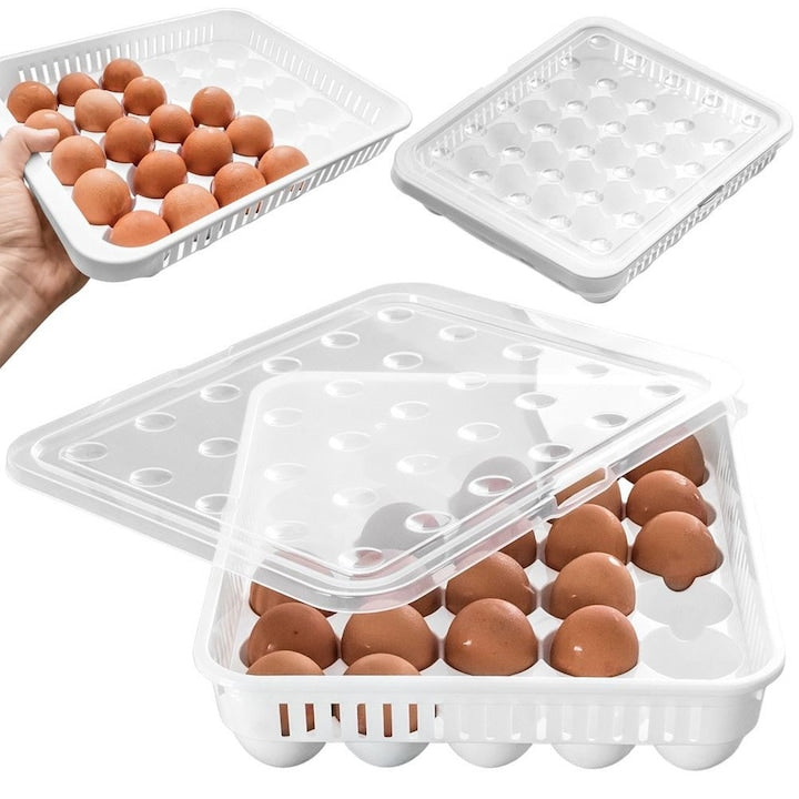 Recipient Pentru Oua Orion 30 Oua 33x27x7 cm Fabricat Din Material De Inalta Calitate Fara Bpa Inchis Deschidere Convenabila Adaptat Pentru Depozitare In Frigider Si Congelator Potrivit Pentru Spalare In Masina De Spalat Vase Alb Transparent