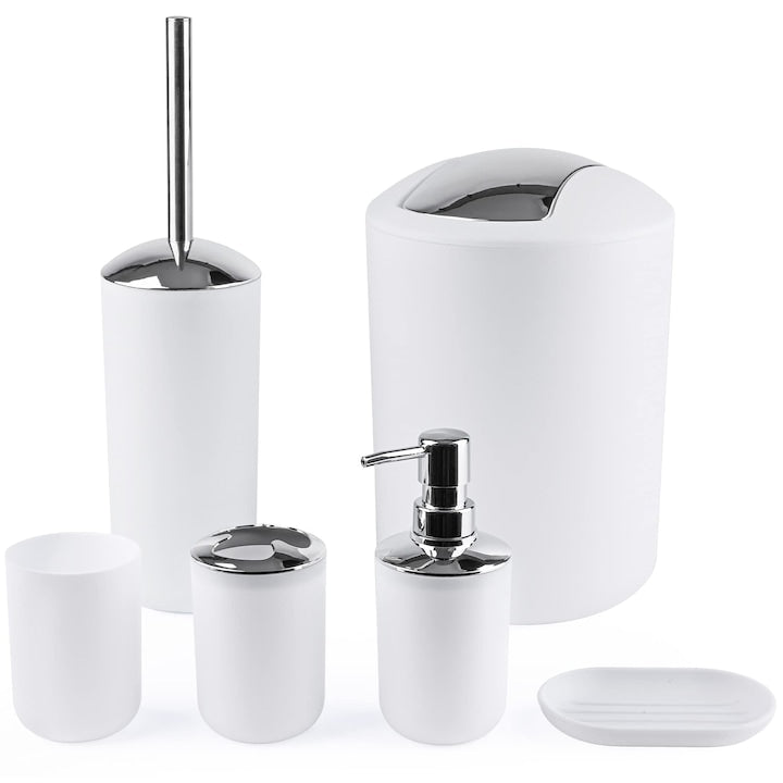 Set accesorii baie 6 piese HNSMART plastic alb design elegant include suport periute dozator sapun farfurie sapun suport perie toaleta cos de gunoi