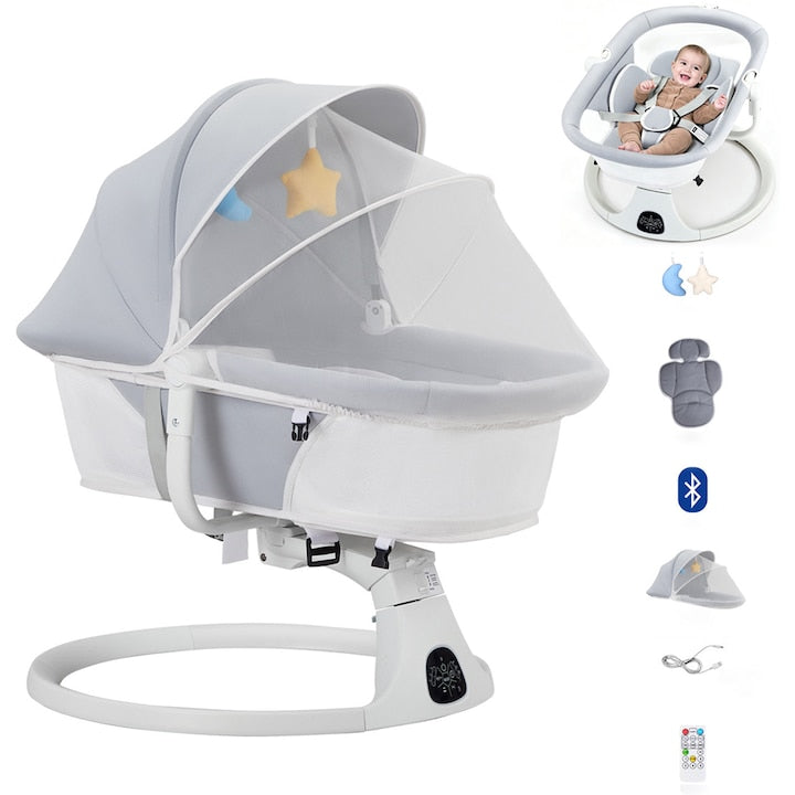 Leagan Electric Balansoar Bebelusi SANSES Set 2 in 1 Balansoar si Landou Rotative 360 cu Acoperis Rabatabil si Plasa Tantari Telecomanda 3 Moduri de Cronometrare Cu 5 Trepte de Viteza Cu 2 Pozitii de Inclinare Pana la 9 kg Gri