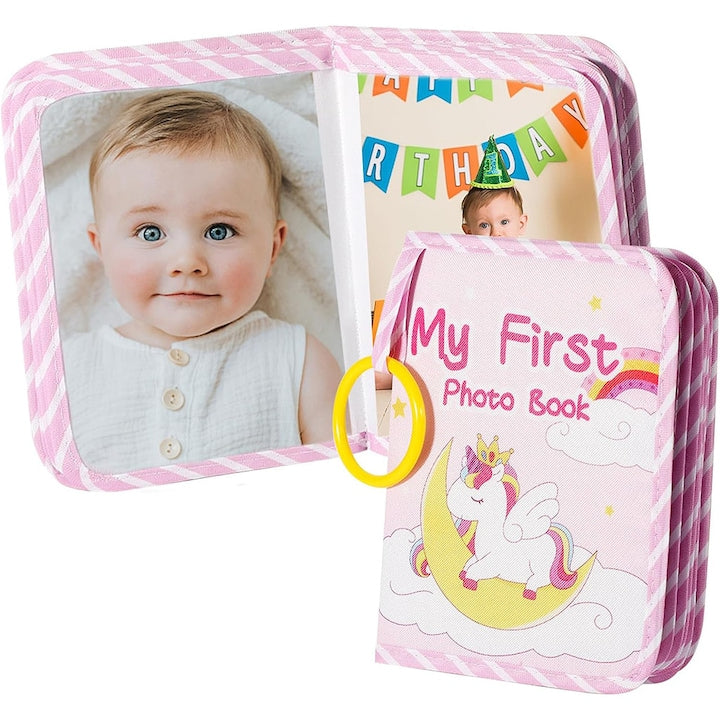 Album Foto din Material Textil pentru Bebelusi – Unicorn Roz cu Oglinda Moale si Inel de Agatare pentru Poze 10x15 cm Cadou Baby Shower
