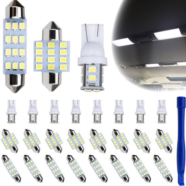 Set of 24 LED car bulbs, White light 6500K, DC12V, T10, 41MM/31MM, different models, High brightness, For accessory lights, brake lights, license plate lights, map lights and parking lights, OUYLAF, White