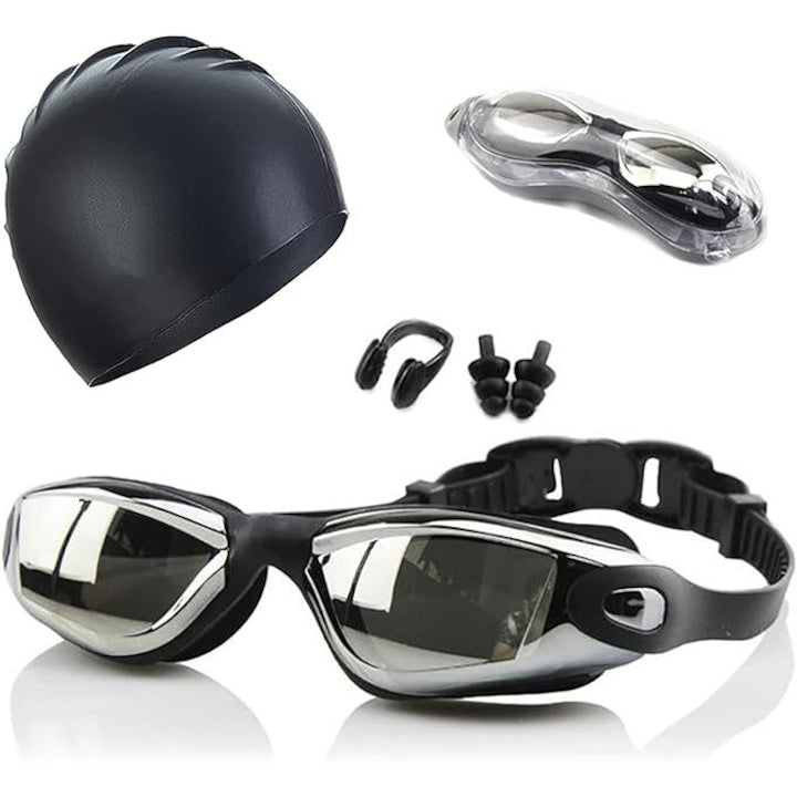 Set complet de inot contine ochelari anti-aburire si protectie UV boneta clips nazal si dopuri pentru urechi pentru profesionisti si amatori unisex Negru