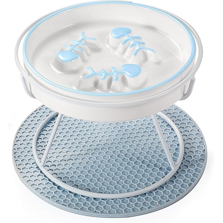 Dog bowl Slow feeder bowl for cats with iron stand slowing down eating speed for pets no whisker fatigue against bloating indigestion ceramic blue