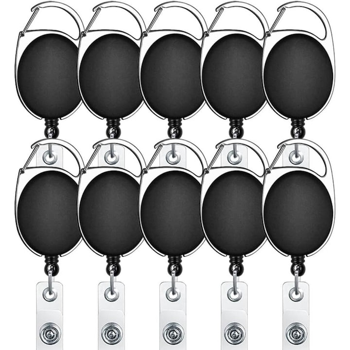 Set 10 rola ( snur ) retractabila cu clips pentru legitimatie model premier Negru