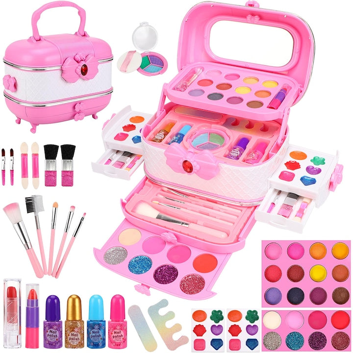 Trusa de machiaj pentru copii Set Make-Up cu 54 de elemente pentru make-up rujuri farduri oja Design inedit geanta cu maner pentru transport pentru fetite de 3 4 5 6 7 8 9 ani