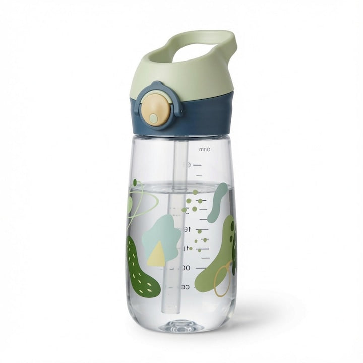 Sticla de Apa pentru Copii Tritan Premium Fara BPA Capac One-Touch cu Mustiuc Y Bautura cu Blocaj Anti-Curgere Maner Rezistent la Socuri cu Linie de Graduatie Design Cartoon Jungla Verde