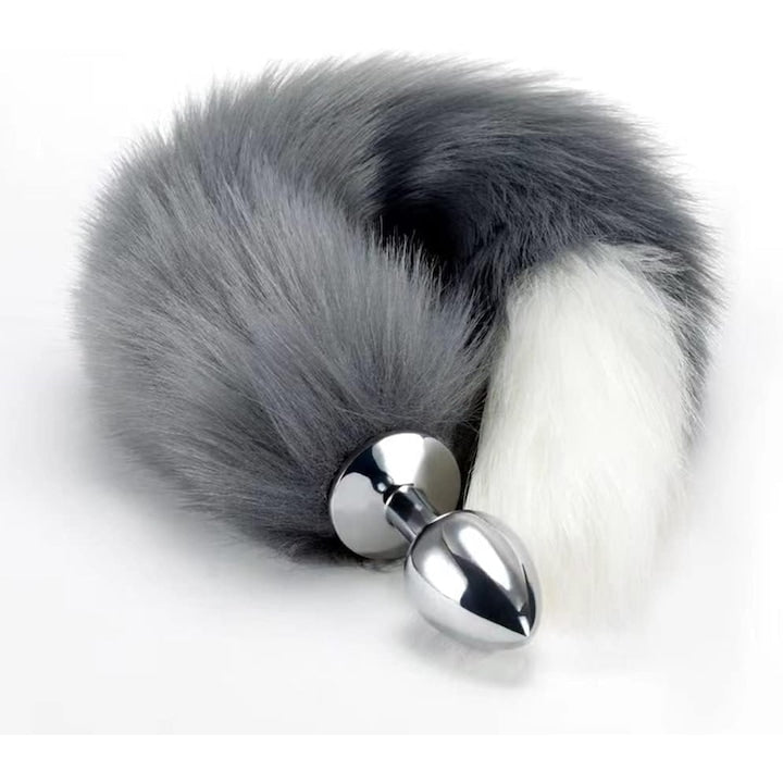 Dop anal din metal cu accesoriu coada din blana gri pentru jocuri de rol in cuplu 19 inch