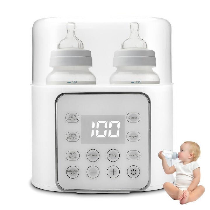 JFYU 9-in-1 Multifunctional Baby Bottle Warmer, 24H Keep Warm, Fast Milk and Food Heating, Defrost, Boiling, Timer, Adjustable Temperature, Double Bottle Compartment, LCD Screen, White